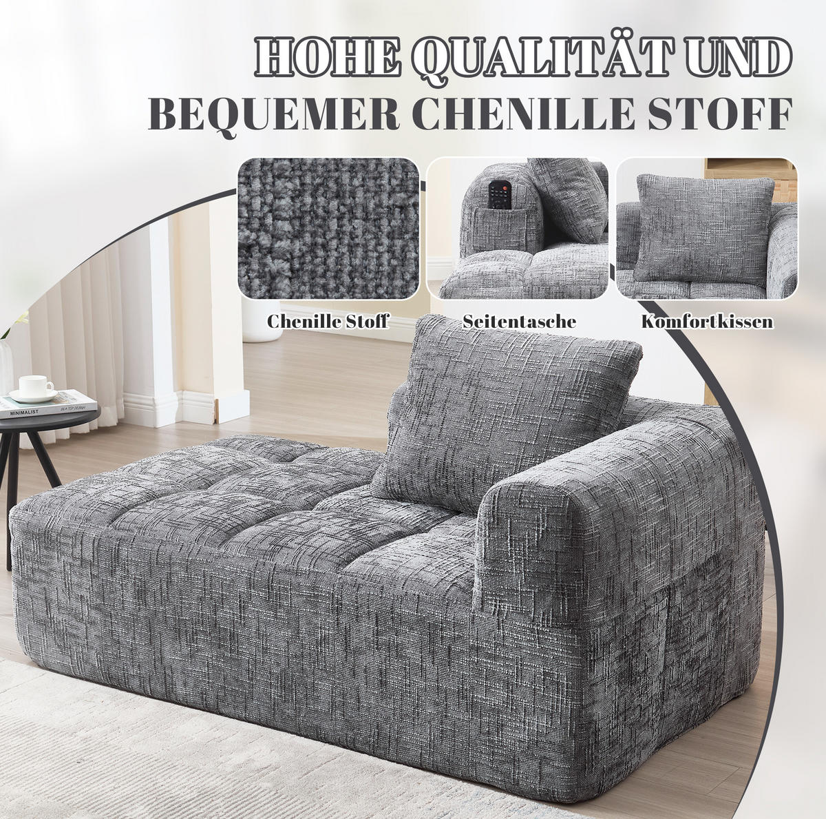 CHAISELONGUE Sofa Chenille mit Seitentaschen und Kissen 158/90/60 cm Grau - Grau, Textil (60/158/90cm) - Redom