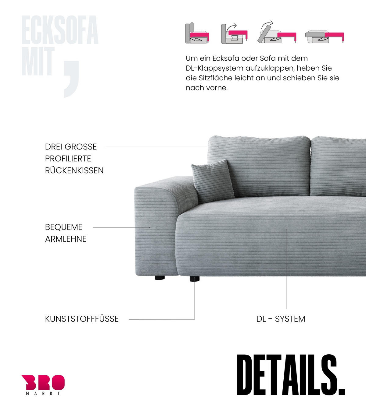 ECKSOFA Romeo mit Schlaffunktion Hellgrau - Hellgrau, Textil (285/185cm) - Bromarkt