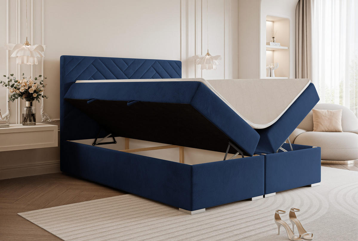 BOXBETT NEREA 160/200 cm mit Matratze und Topper, Marineblau - Dunkelblau, Textil (160/200cm) - Idohome