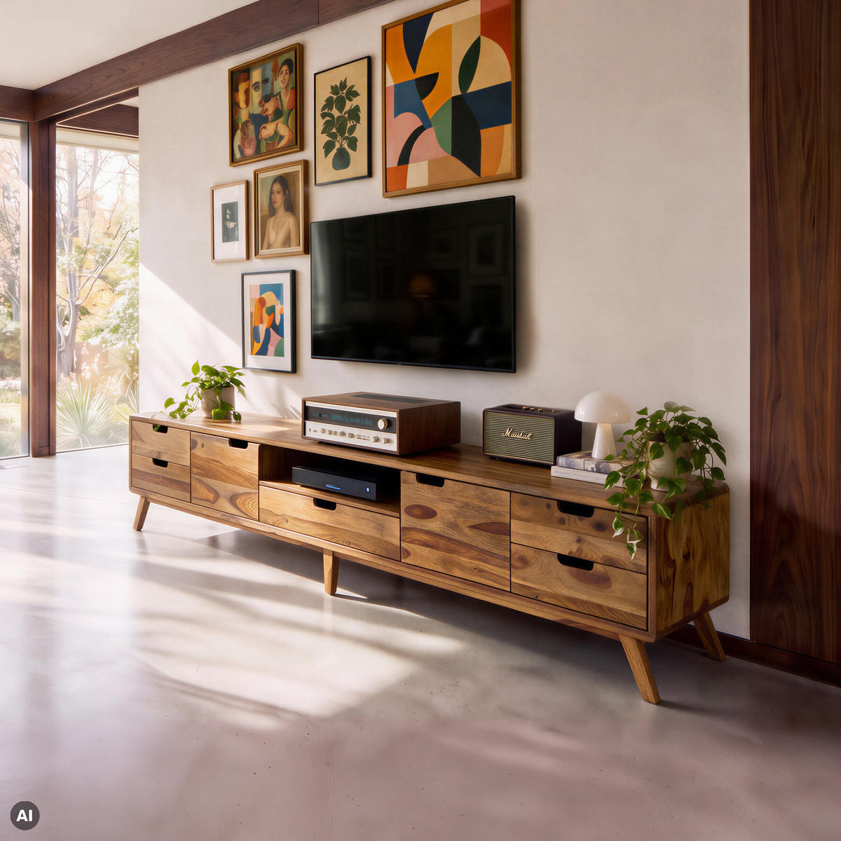 TV-BOARD Sheesham 260x40x48 natur sandgestrahlt lackiert MALMÖ 2 #226 - Naturfarben, Holz (260/48/40cm) - Massivmoebel24