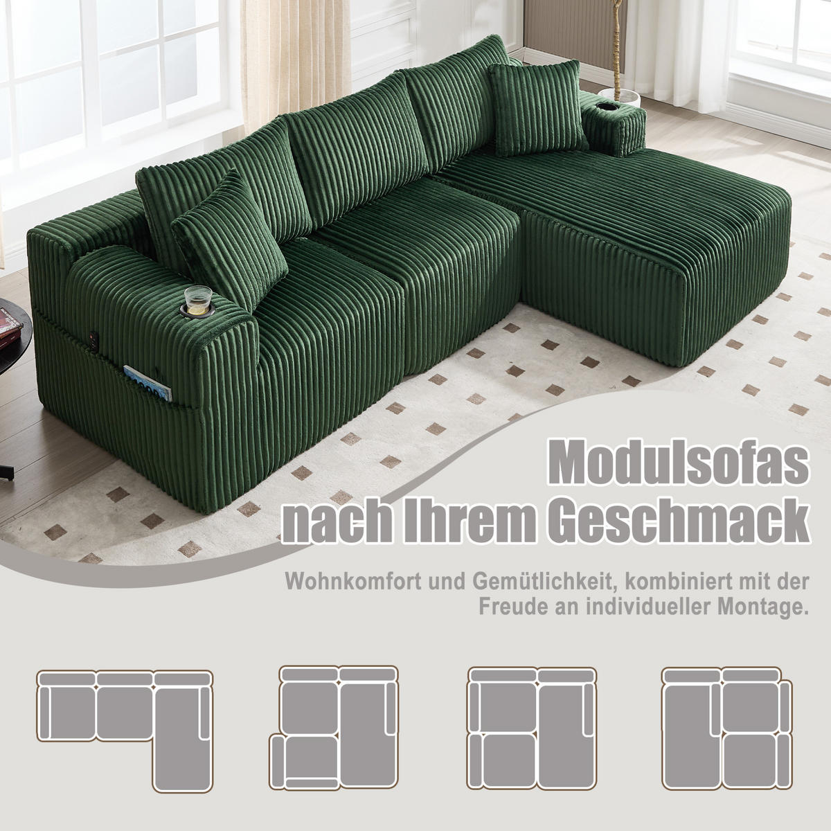 MODULARES Sofa-Set Cord mit Chaiselongue Taschen und Getränkehalter 257/90 160/62 cm Smaragdgrün - Smaragdgrün, Textil (160/257cm) - Redom