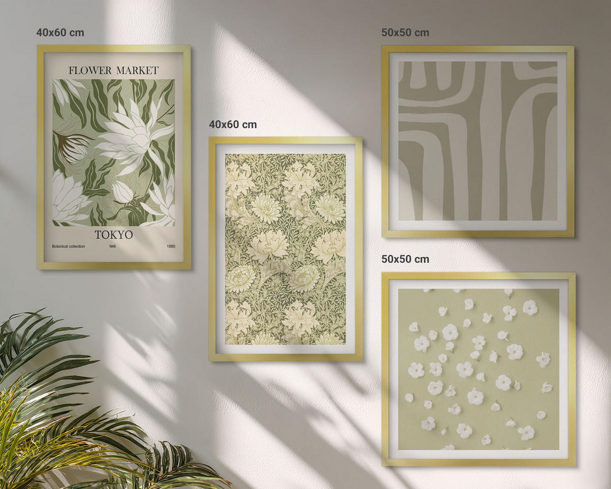 WANDBILDER 4er Set - 50x50 cm & 40x60 cm Goldrahmen - Boho-Pflanzenkompositionen in Pastellfarben - Goldfarben, Kunststoff (50/50cm) - ArtPrintCave
