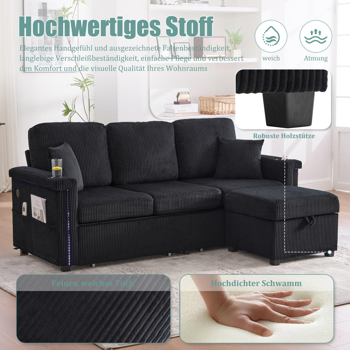 ECKSOFA Corduroy mit LED und USB-Anschluss Stauraum-Schubladen 194/73/81 cm Schwarz - Schwarz, Textil (73/194cm) - Redom