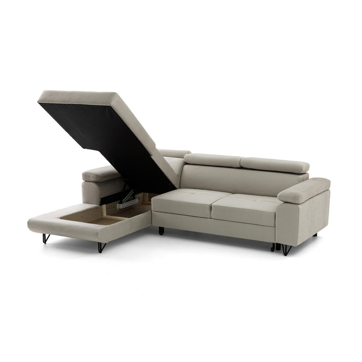 ECKSOFA NORIS L Links mit Schlaffunktion 128x203 Velours Beige - Beige/Schwarz, Holz/Textil (250/183cm) - Muffo
