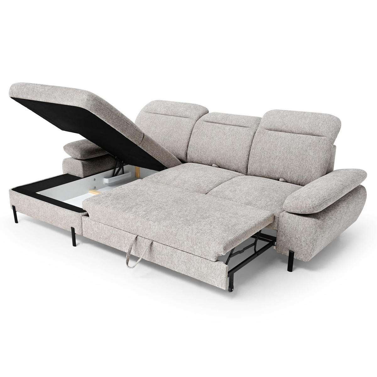 ECKSCHLAFSOFA Sora Mini mit verstellbaren Kopfstützen und Schlaffunktion, Chenille-Stoff, Dunkelbeige, Links - Beige/Schwarz, Textil (285/190cm) - Beautysofa
