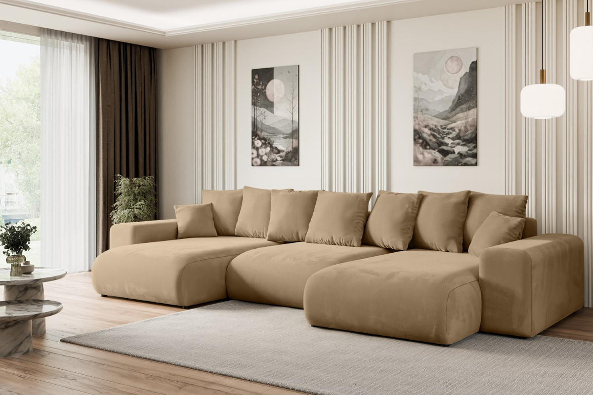 WOHNLANDSCHAFT mit Schlaffunktion und Bettkasten ESKAR-U -352x165x84cm Beige Velours - Beige/Schwarz, Holzwerkstoff/Kunststoff (352/84/165cm) - ALTDECOR
