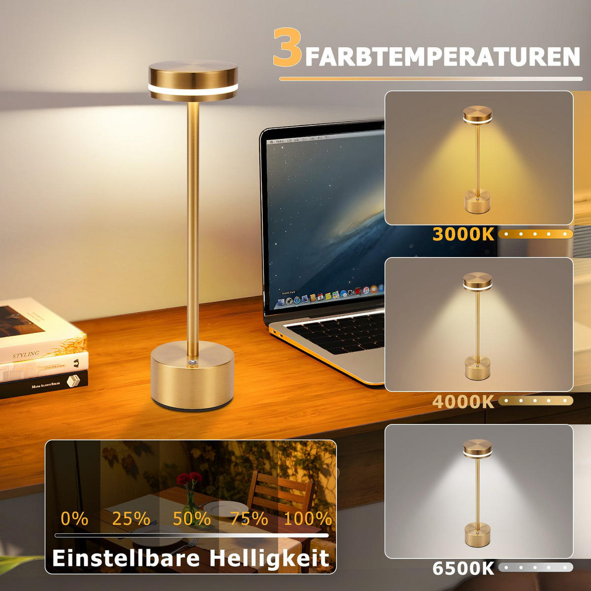 TISCHLEUCHTE Strahler 8/8/31.5 cm（2er-set） - Goldfarben, Kunststoff/Metall (8/8/31.5cm) - ZMH