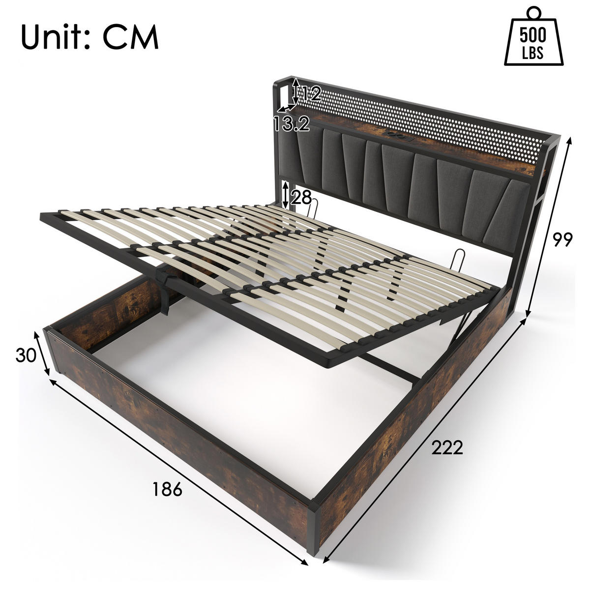 BETT mit LED-Kopfteil und Stauraum 180x200 cm Grau mit USB & Steckdosen - Grau, Metall (180/200cm) - Meubliv