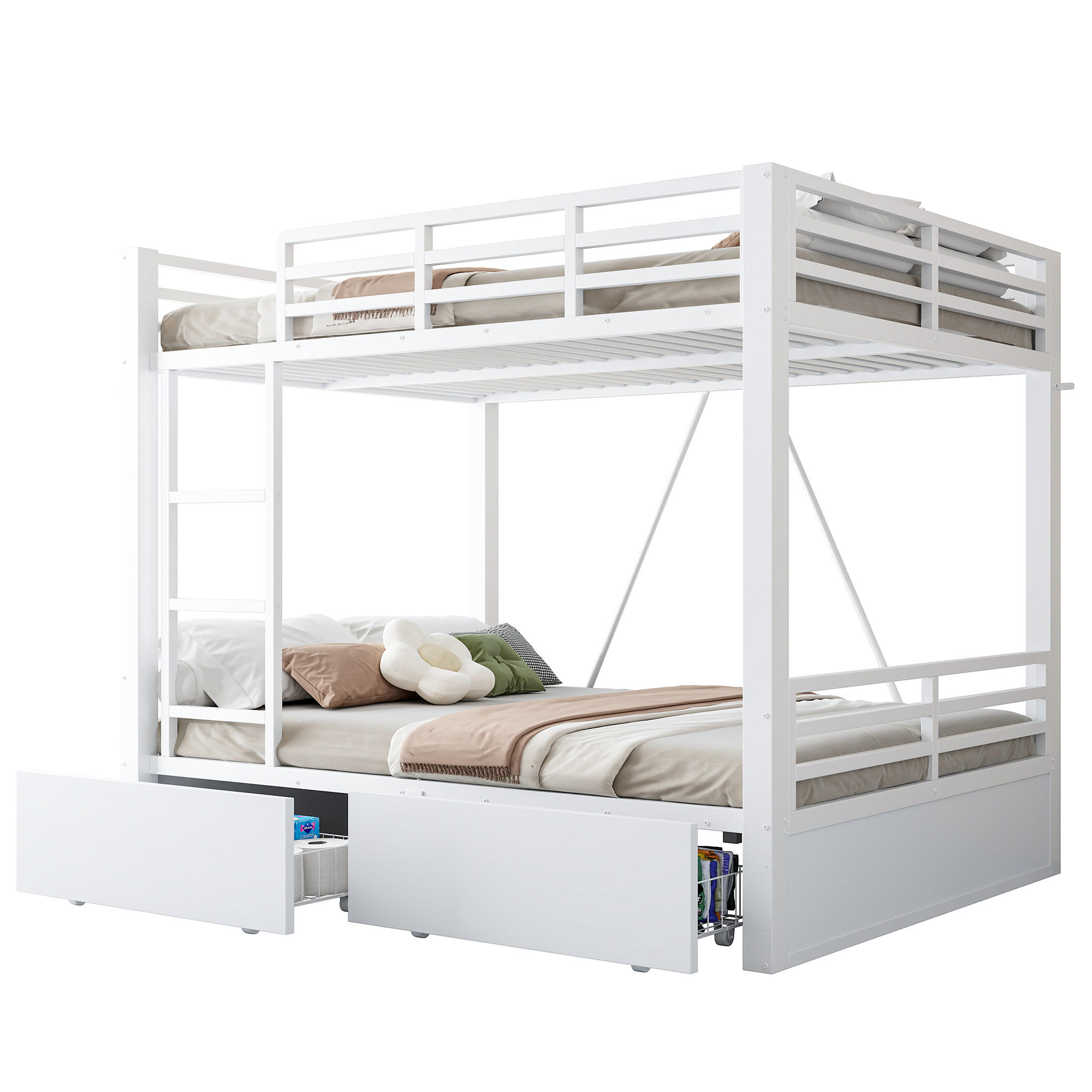 ETAGENBETT 90/200 cm & 140/200 cm in Weiß mit 2 Schubladen und Sicherheitsgeländer - Weiß, Holzwerkstoff/Metall (140/200cm) - STILVORA