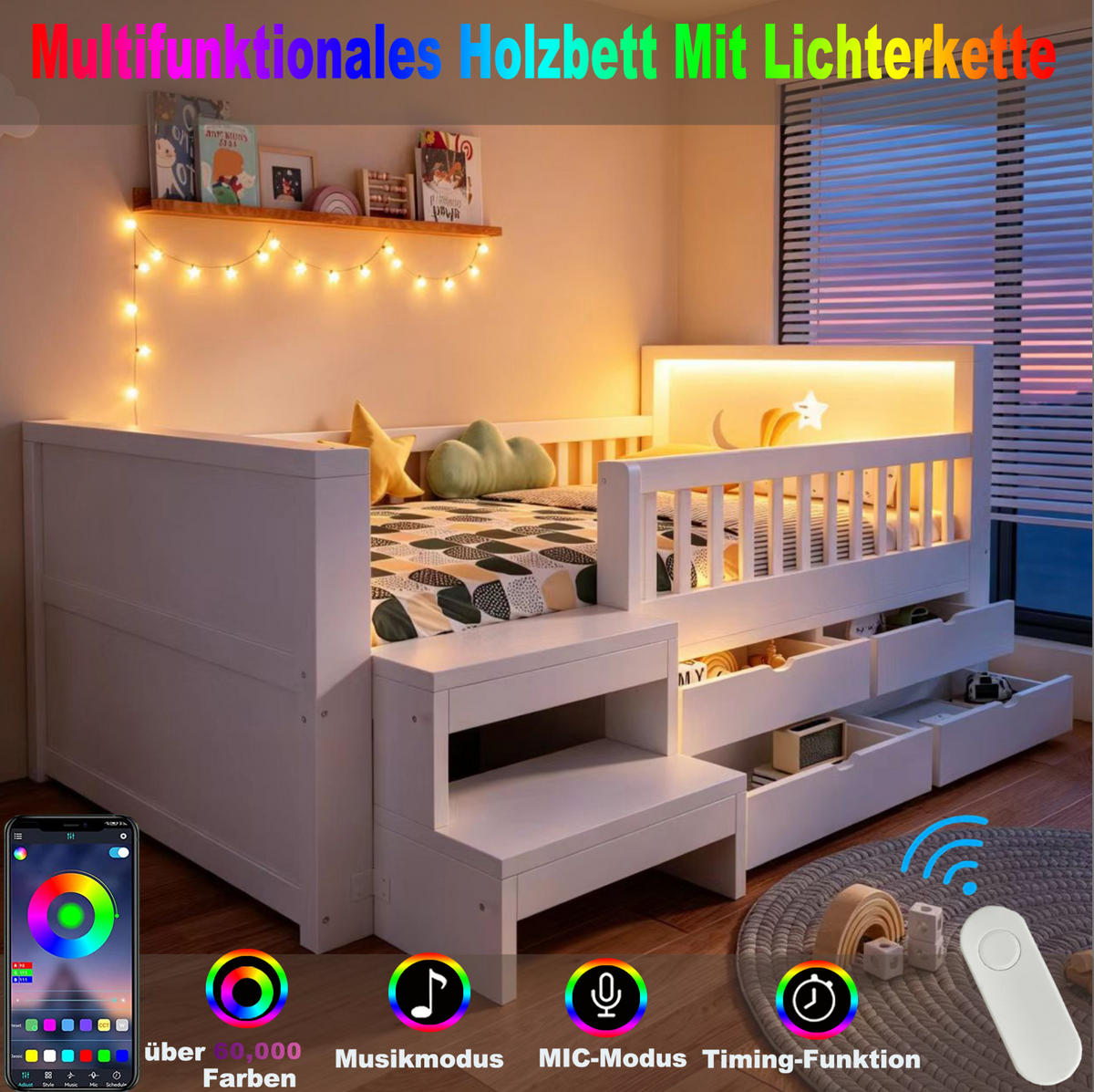 KINDERBETT Holz 90x200 cm Weiß mit LED, Sicherheitsgitter, Stufen und 4 Schubladen - Weiß, Holz (90/200cm) - Modfu