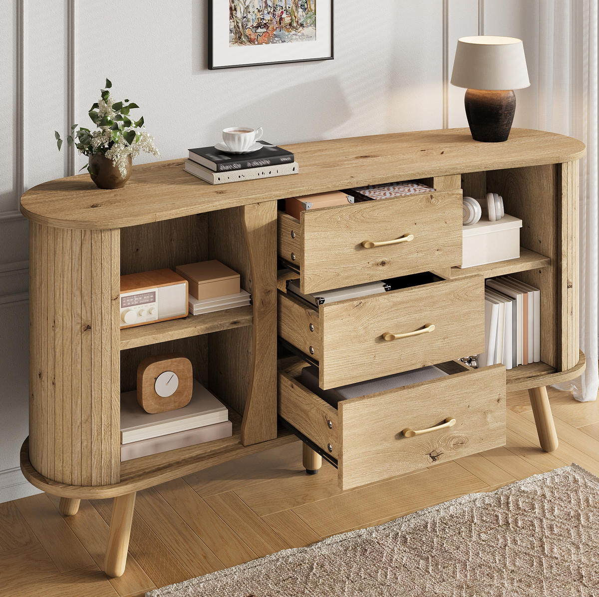 SIDEBOARD 150/36,5/75 cm Natur aus MDF mit Schiebetüren und Schubladen - Naturfarben, Holzwerkstoff (36.5/75/150cm) - OKWISH