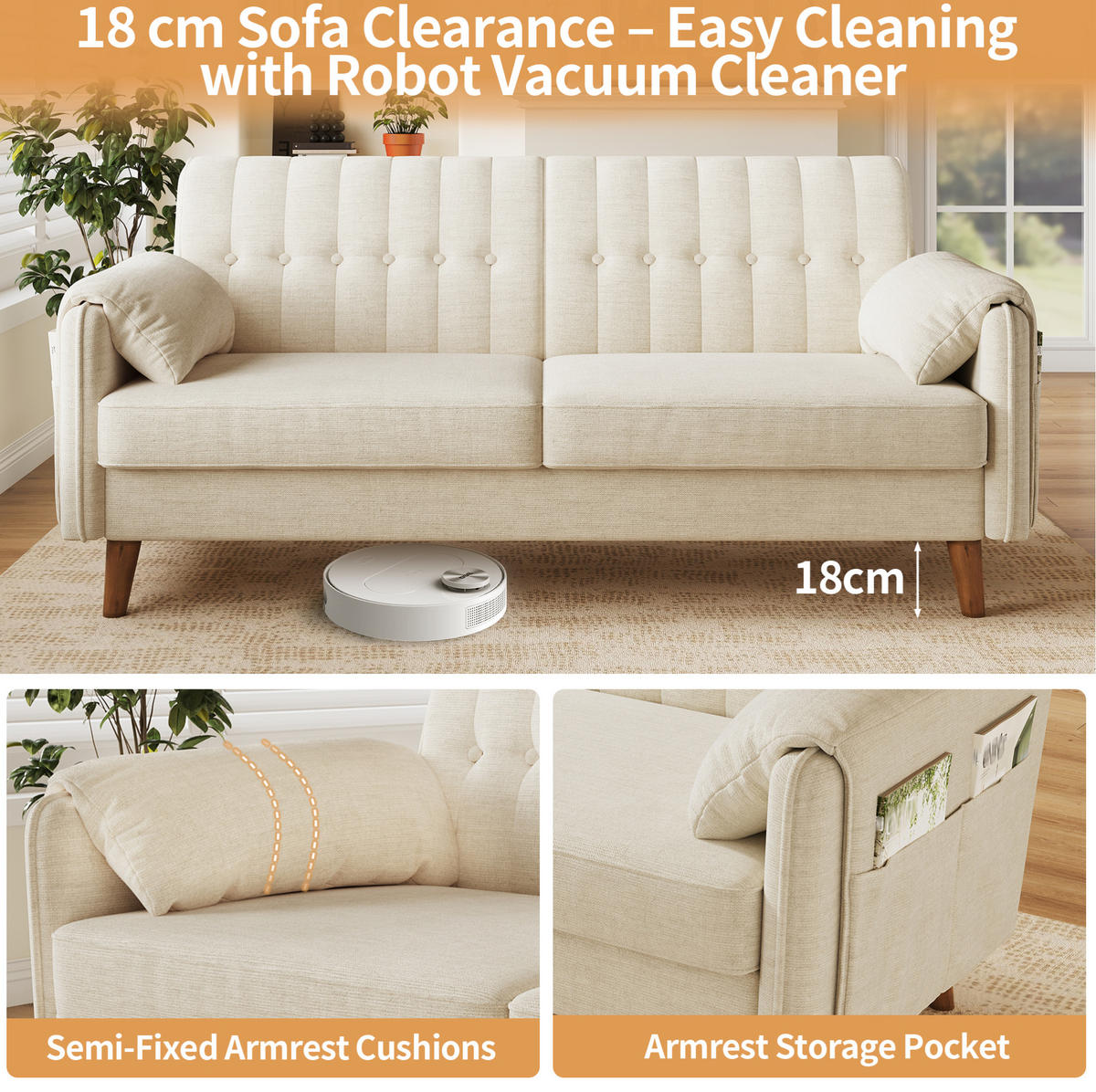 SOFA 161,5/79/83,5 cm in Beige aus Chenille mit Armlehnenkissen - Beige, Textil (79/83.5/161.5cm) - Flora Grace
