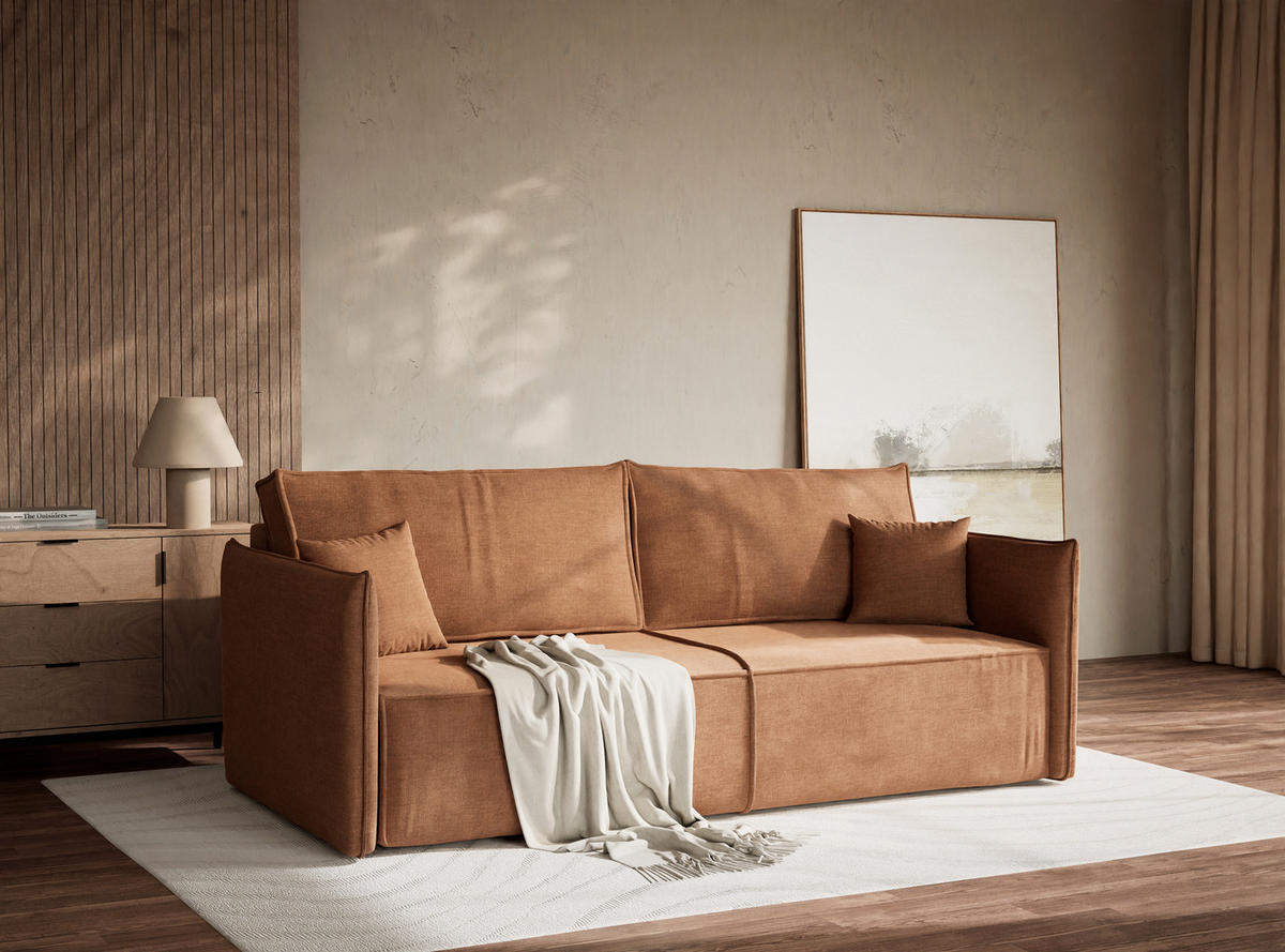 SOFA MIT SCHLAFFUNKTION Obra Hellbraun Chenille-Stoff - Hellbraun/Schwarz, Holz/Holzwerkstoff (220/70/107cm) - Maison de Reve