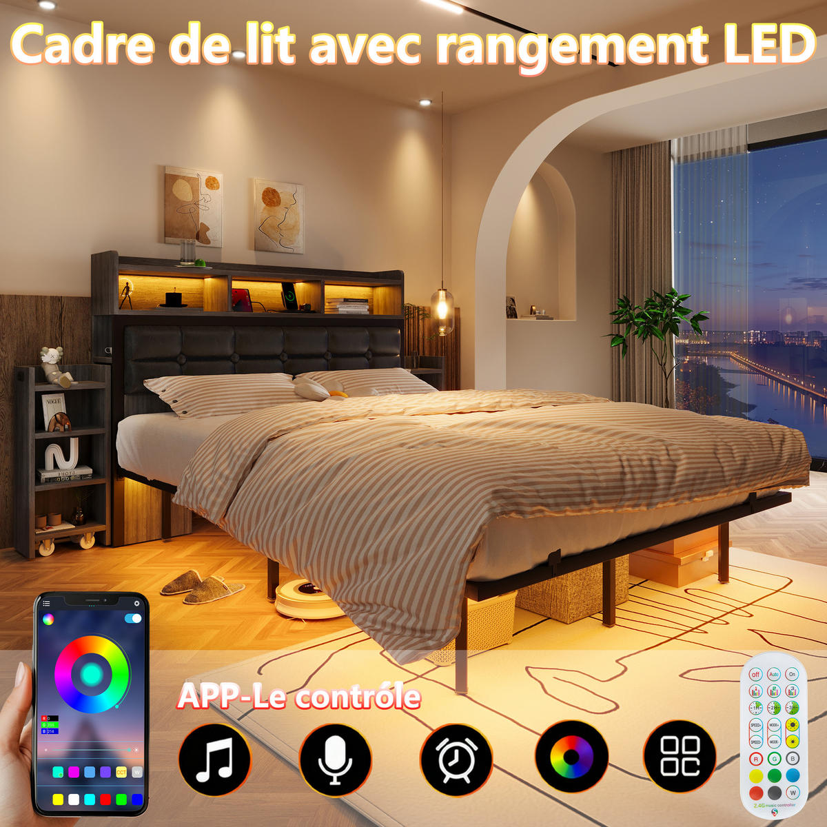 BETT 140/190 cm DE-35525 mit LED und ausziehbaren Nachttischen Grau - Grau, Metall (140/190cm) - ComfortXL
