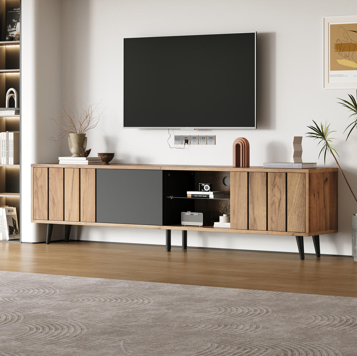 TV-LOWBOARD aus Spanplatte 175x31,5x45 cm Schwarz/Natur mit 3 Türen für Fernseher bis 75 Zoll - Hellbraun, Holzwerkstoff (175/45/31.5cm) - IVMEU