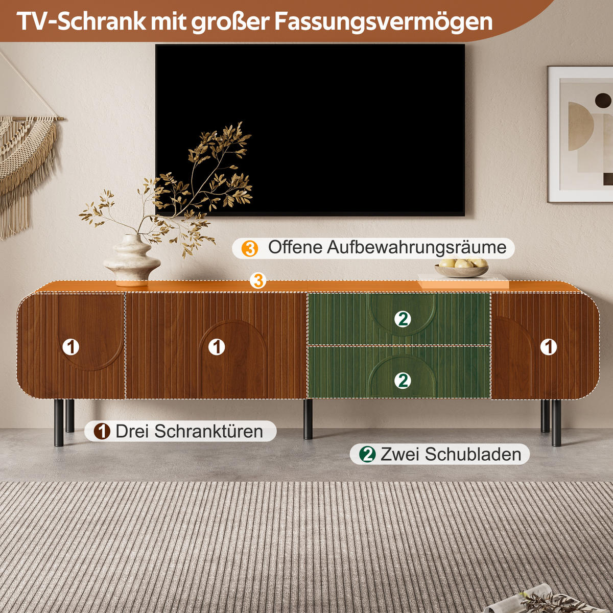 TV-SCHRANK Mid Century 3 Türen 2 Schubladen Metallbeine - Walnussfarben, Holzwerkstoff (40/47.5/180cm) - FLIEKS