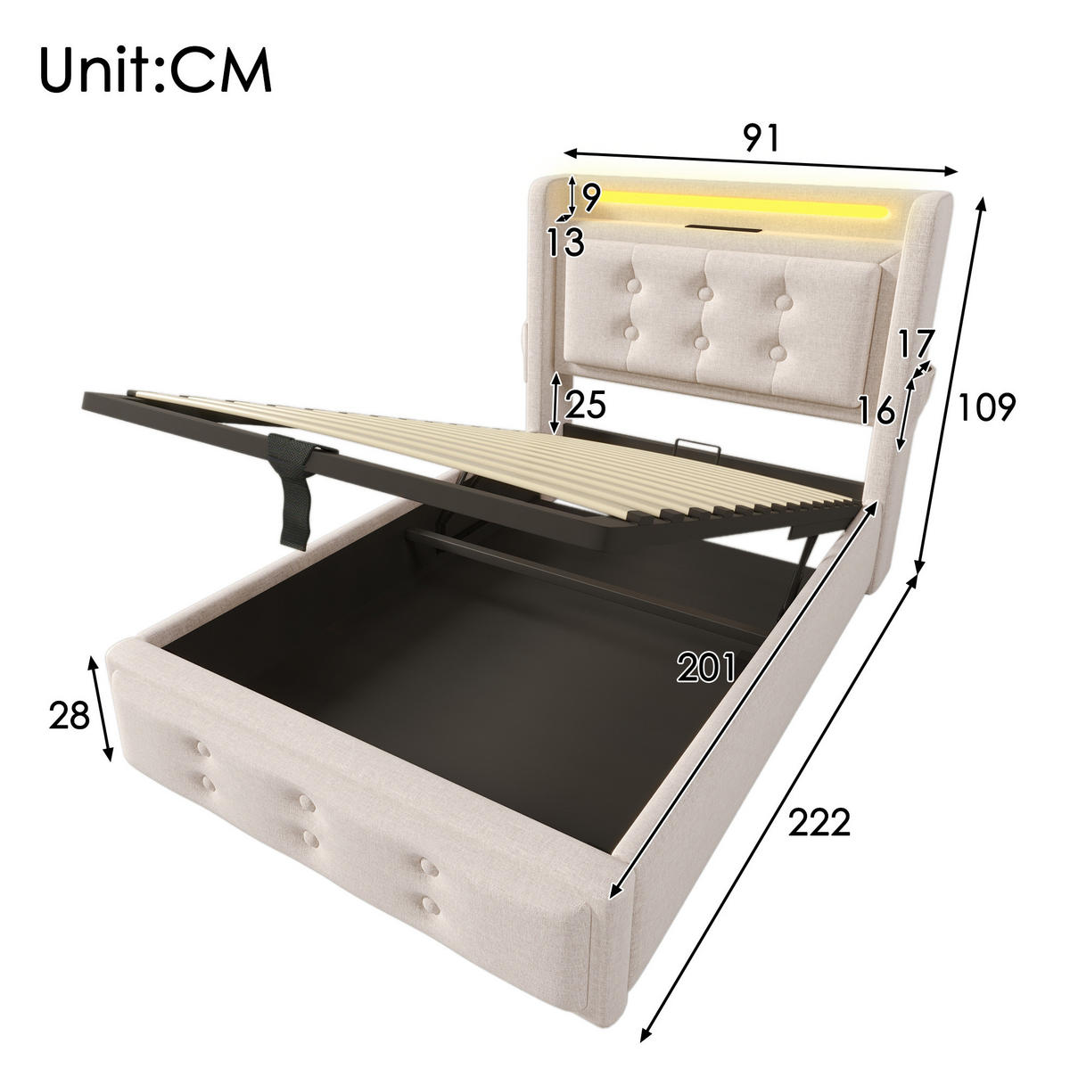 BETT mit Matratze und Stauraum 90x200 cm Beige mit USB und LED - Weiß, Metall (90/200cm) - Meubliv