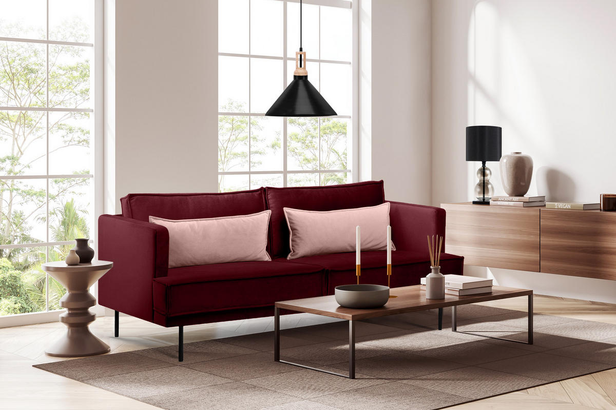 3-SITZER-SOFA GANZO 2 Kissen inklusive, Velours-Stoff, rot - Rot/Schwarz, Textil/Metall (193/84/92cm) - KONSIMO®