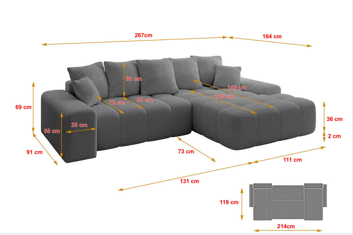 ECKSOFA Ottomane Rechts ENSI-L - 267x164x88 cm Platinfarben - Platinfarben, Holzwerkstoff/Kunststoff (164/267cm) - ALTDECOR
