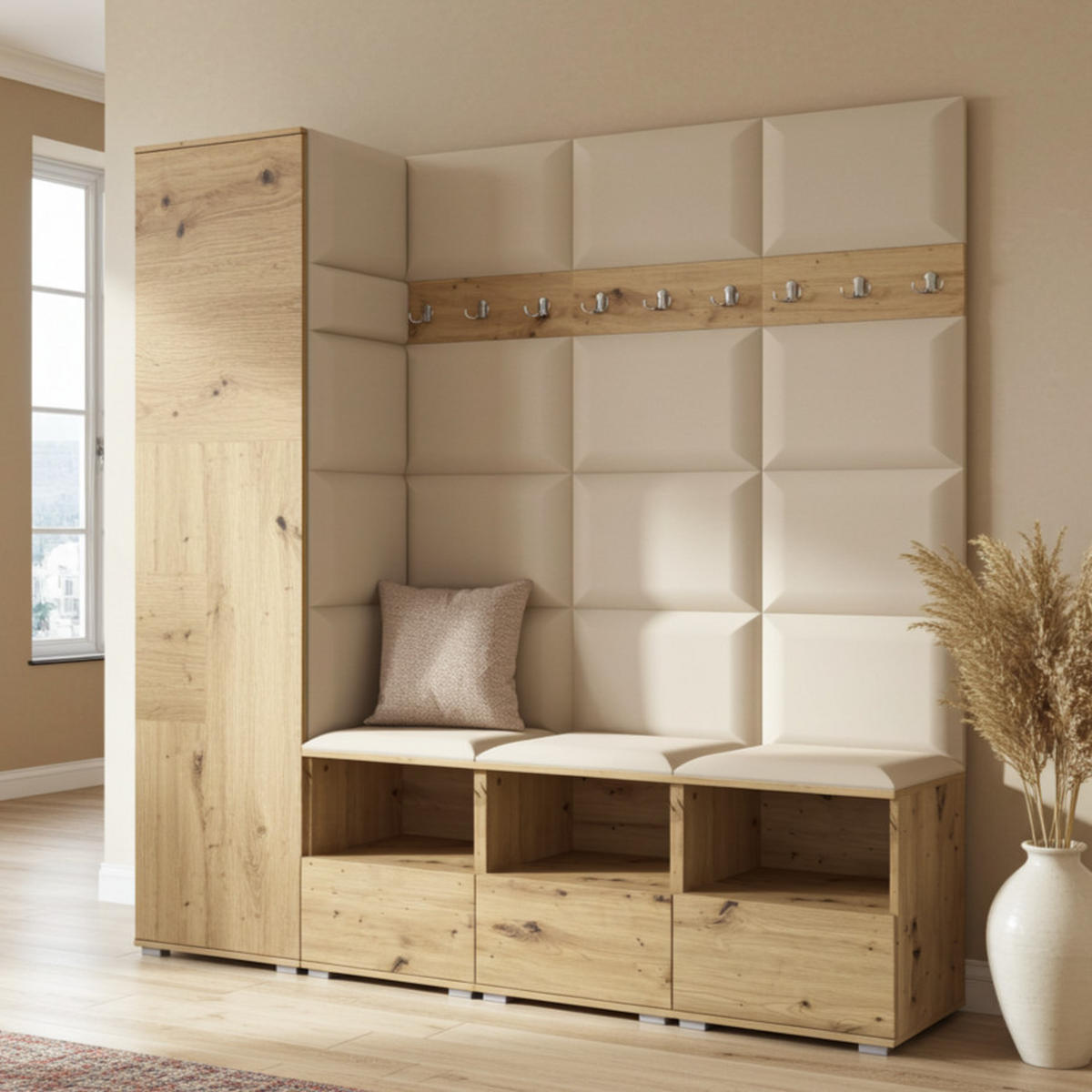 GARDEROBE NELA IX 200 cm (Modulare Flurmöbel Artisan Eiche mit Sitzpolster Beige 04 Breite Sitzbank) - Beige/Silberfarben, Holz/Holzwerkstoff (200/187/40cm) - Ravio