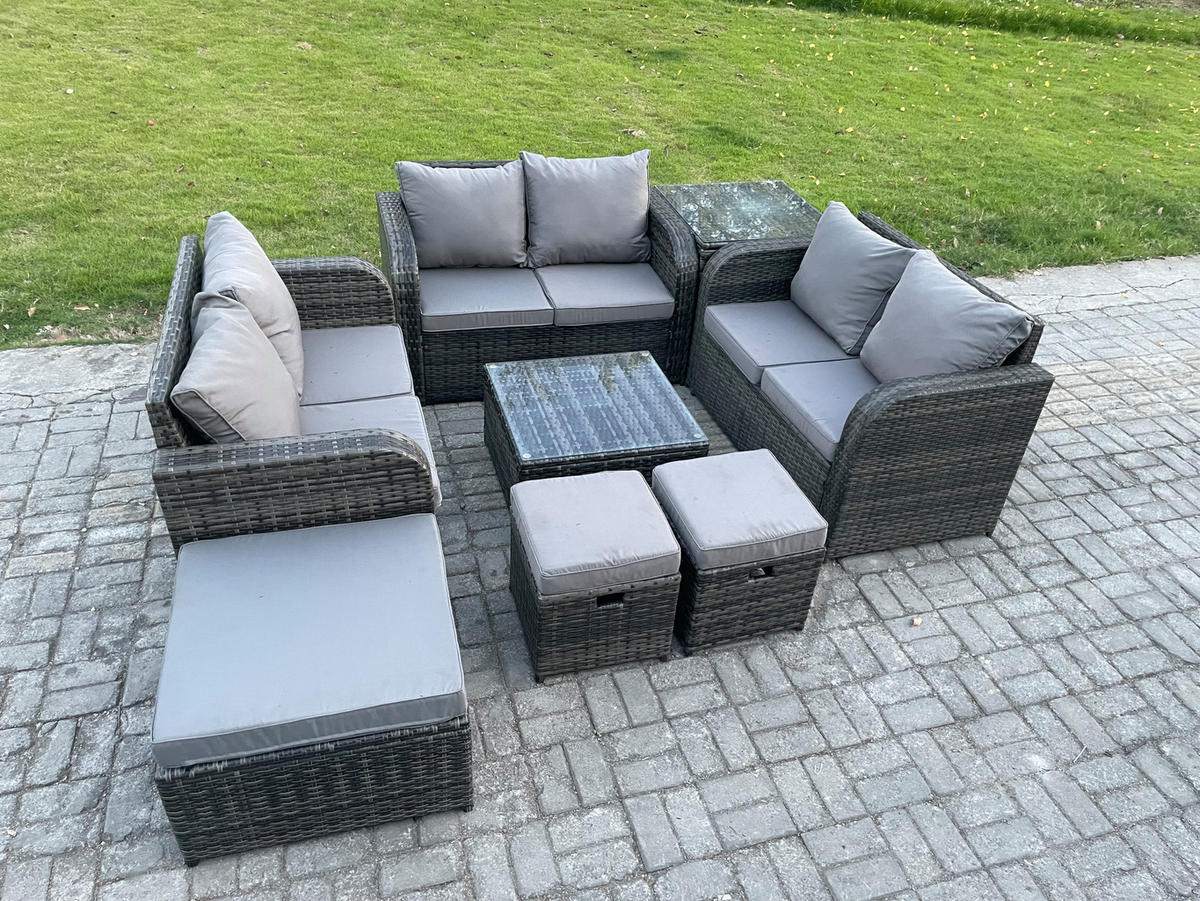 GARTENMÖBELGARNITUR Polyrattan Dunkelgrau 9-Sitzer - Dunkelgrau, Metall - Fimous