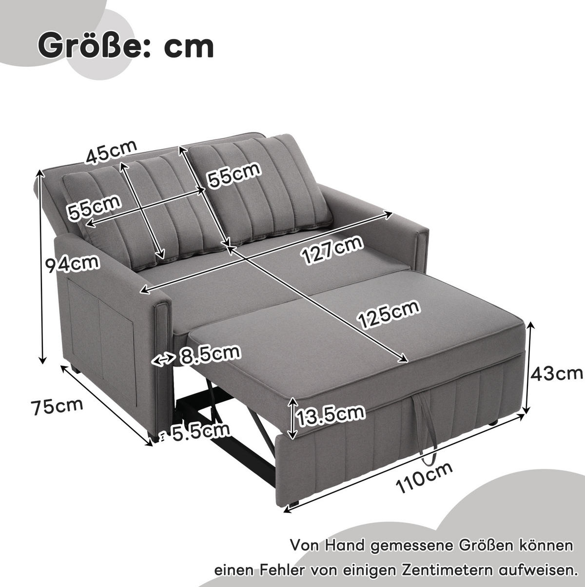 SCHLAFSOFA aus Leinenstoff 127x75x94 cm Antikgrau mit Schlaffunktion, 3-fach verstellbarer Rückenlehne und 2 Kissen - Grau, Kunststoff (75/94/127cm) - Modfu