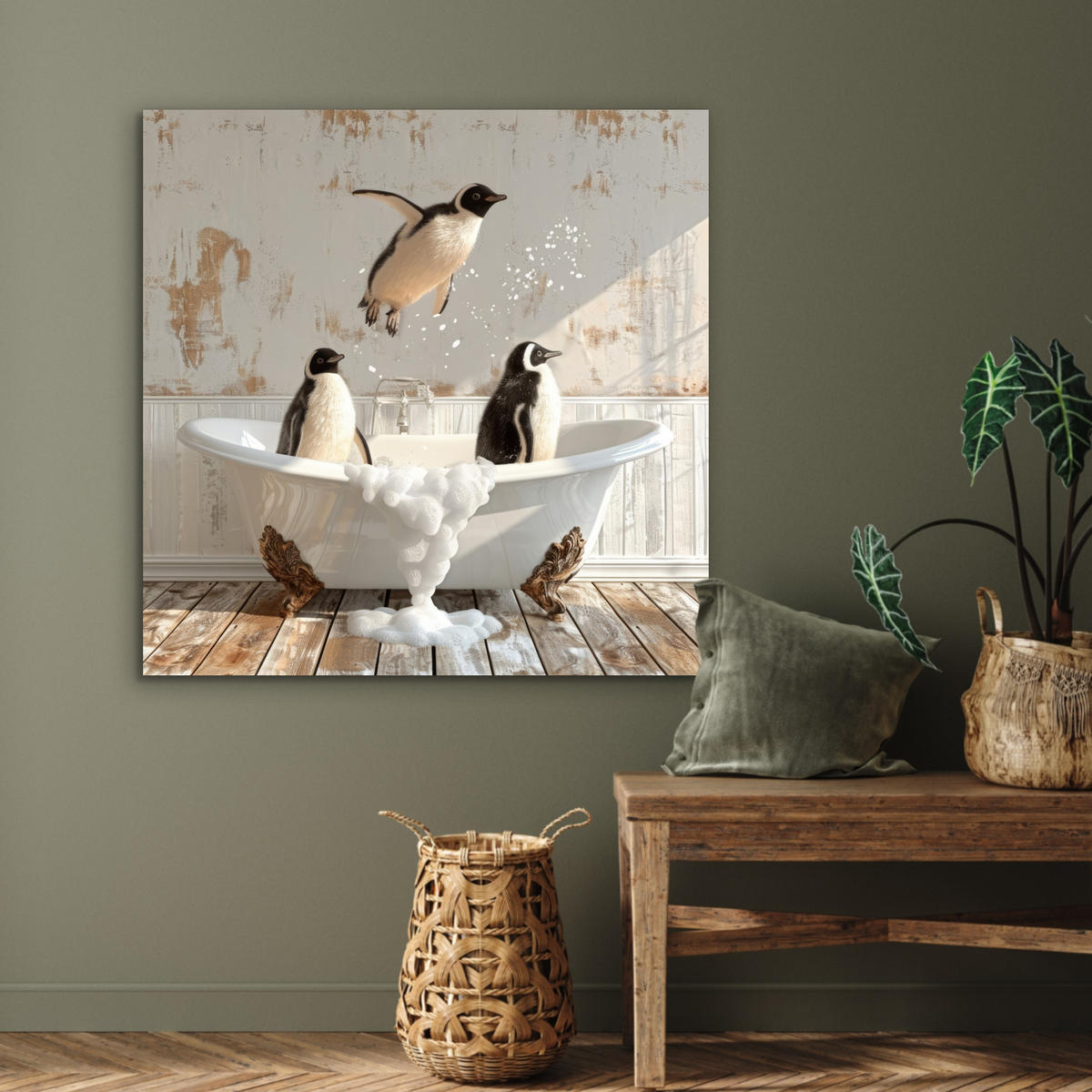 KOVOVÝ OBRAZ Vintage - Tučniak - Vaňa - Pena 90x90 cm - čierna, kov (90/90cm) - MuchoWow