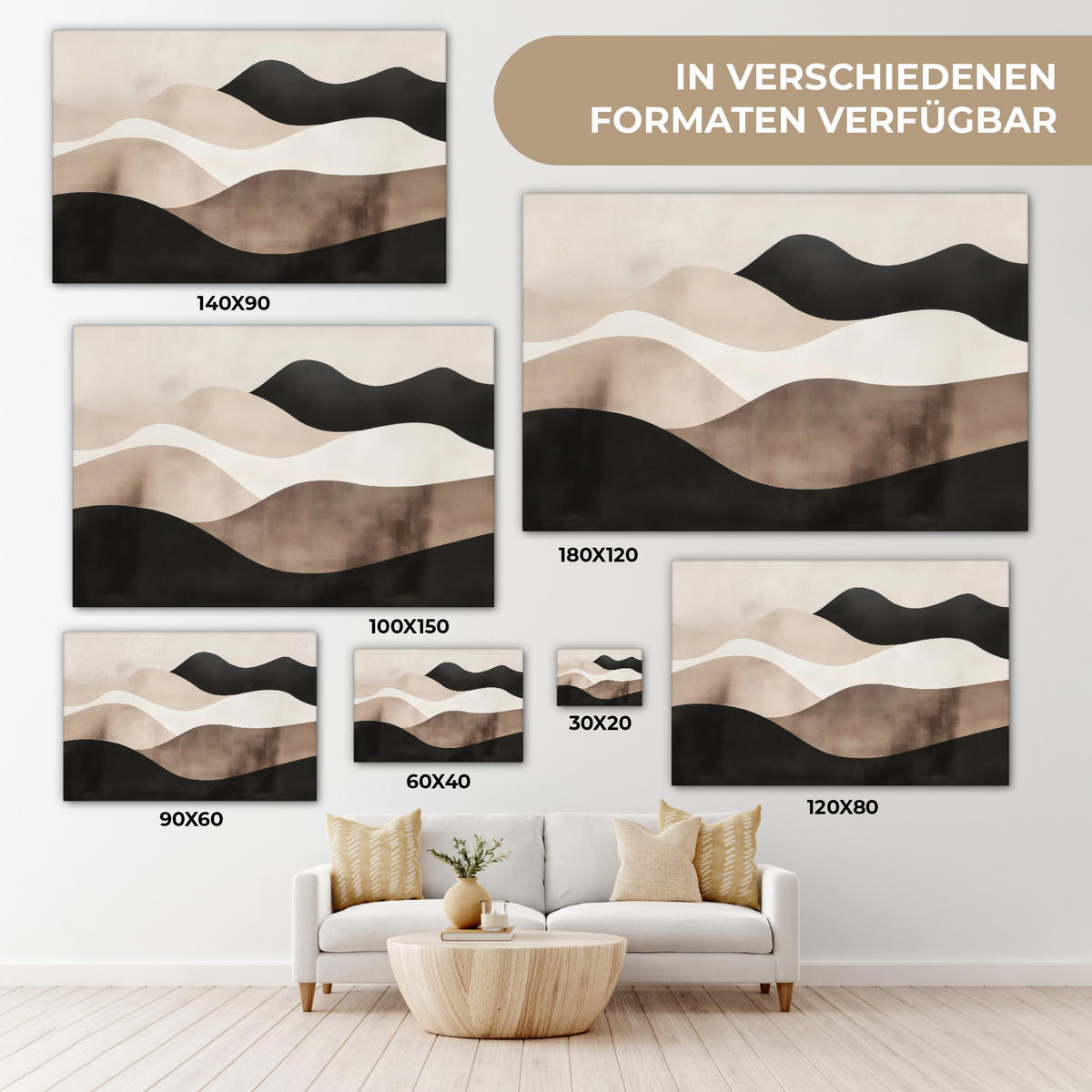 LEINWANDBILD Abstrakt - Landschaft - Wellen - Cremefarben Wohnzimmer 120x80 cm - Cappuccino, Textil (120/80cm) - MuchoWow