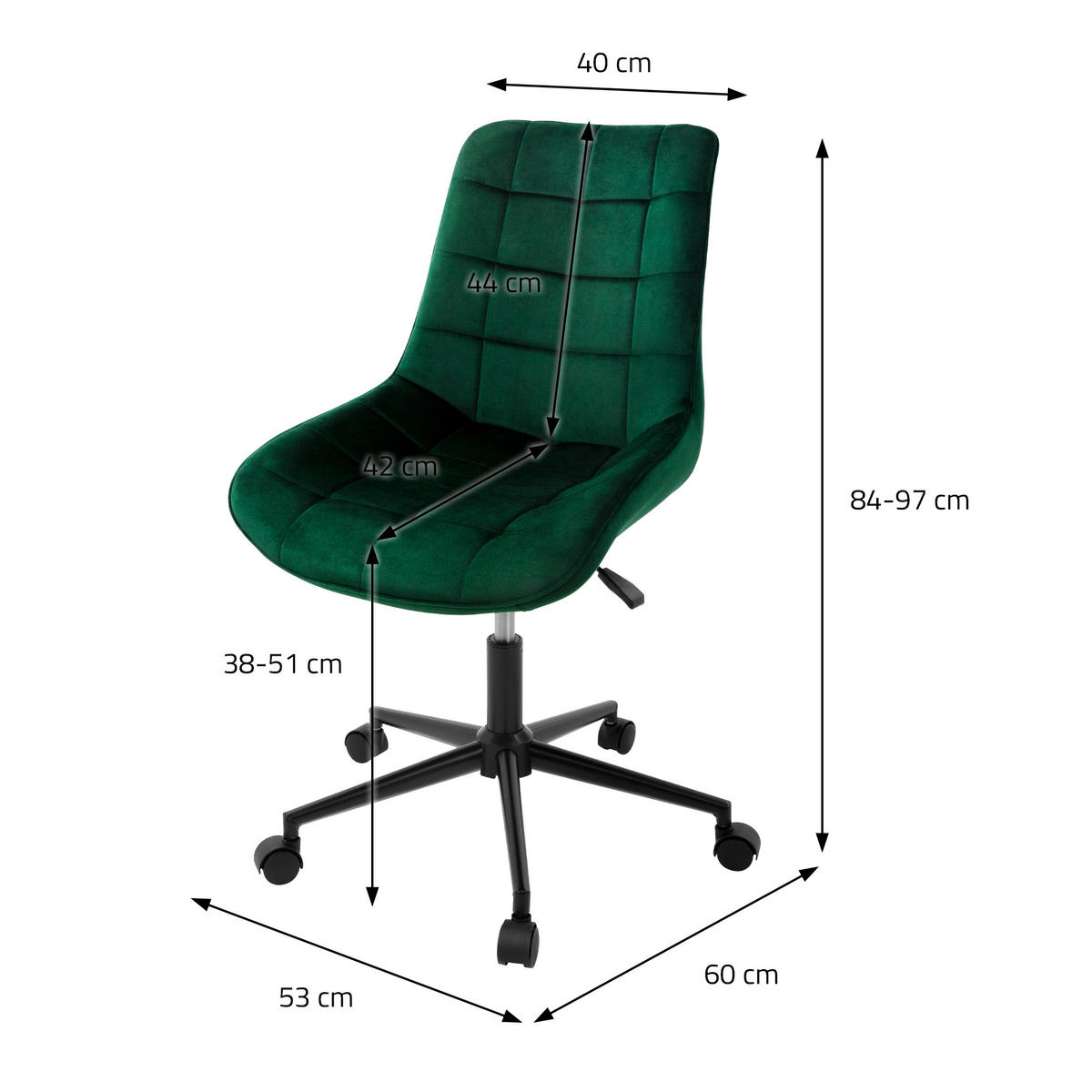 BÜROSTUHL Samt grün - Grün, Metall (53/97/60cm) - ML-DESIGN