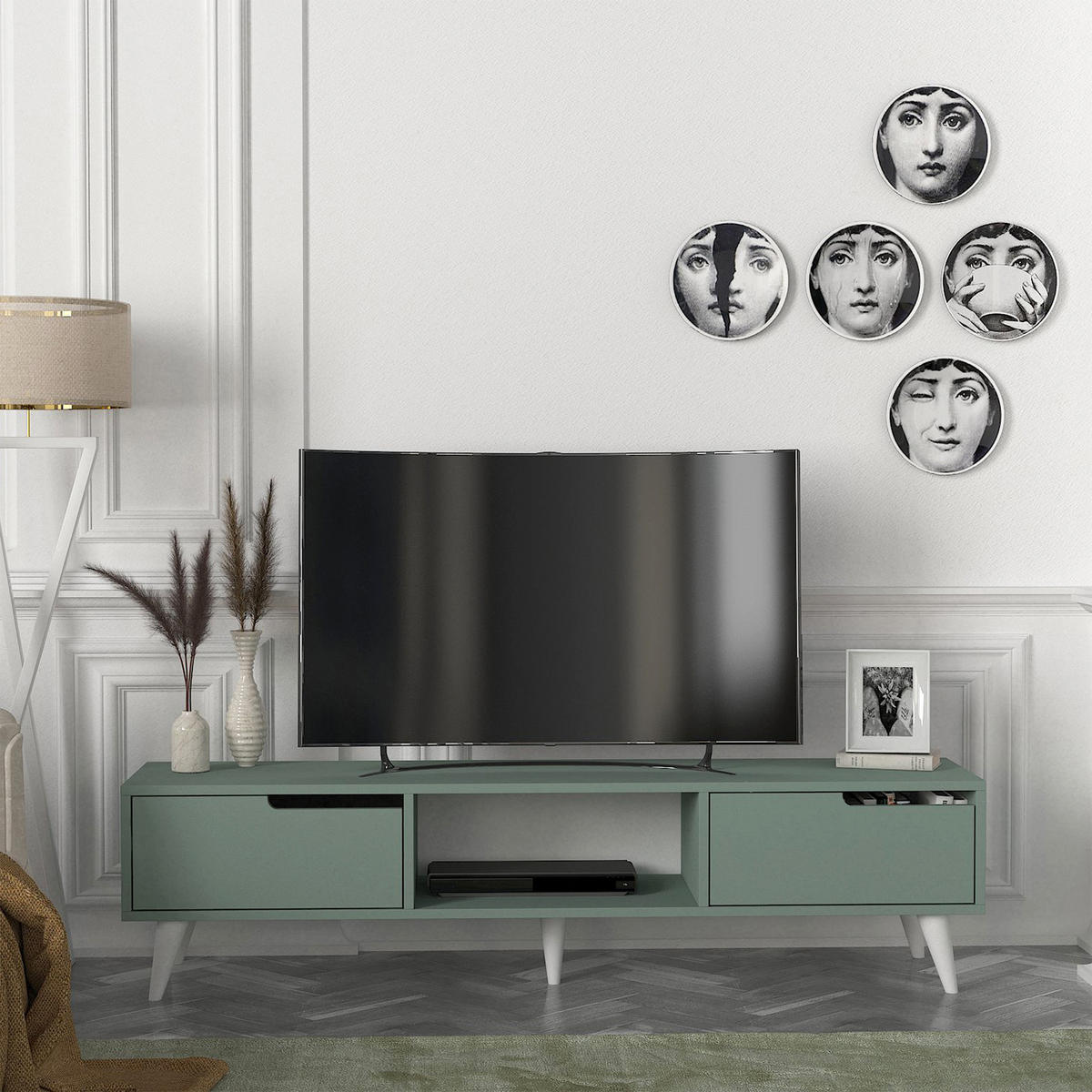 FERNSEHSCHRANK Kullila - Eichefarben/Grün, Holzwerkstoff (35/40/160cm) - [en.casa]