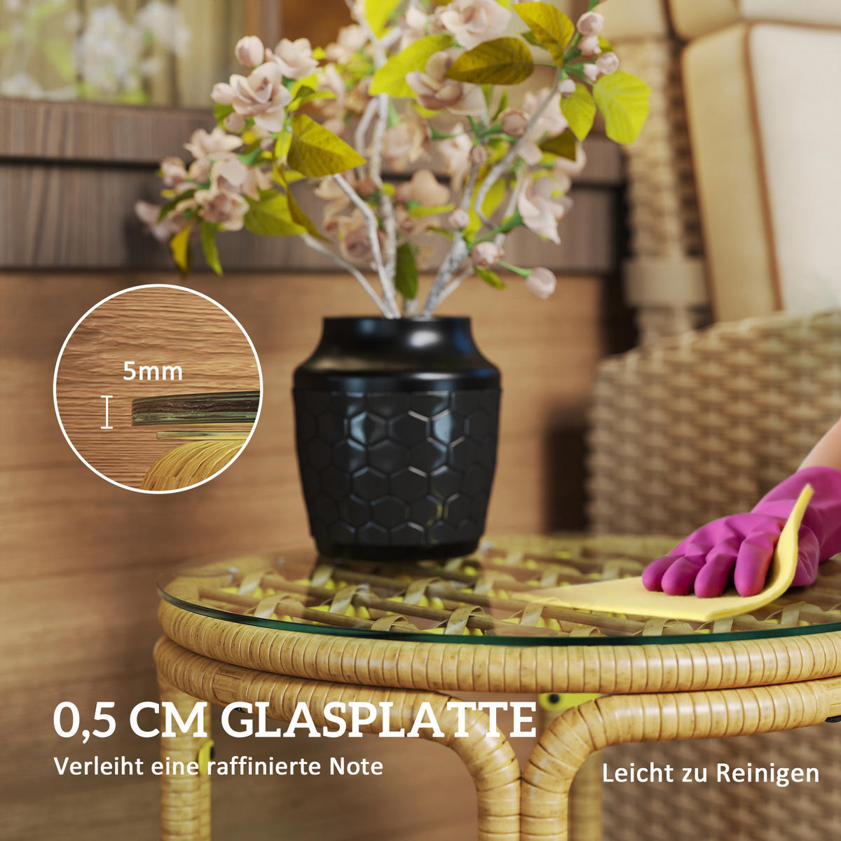 BEISTELLTISCH DE-06648 rund, Glasplatte, PE-Rattan Gelb - Gelb, Kunststoff/Metall (50/50/44cm) - ComfortXL