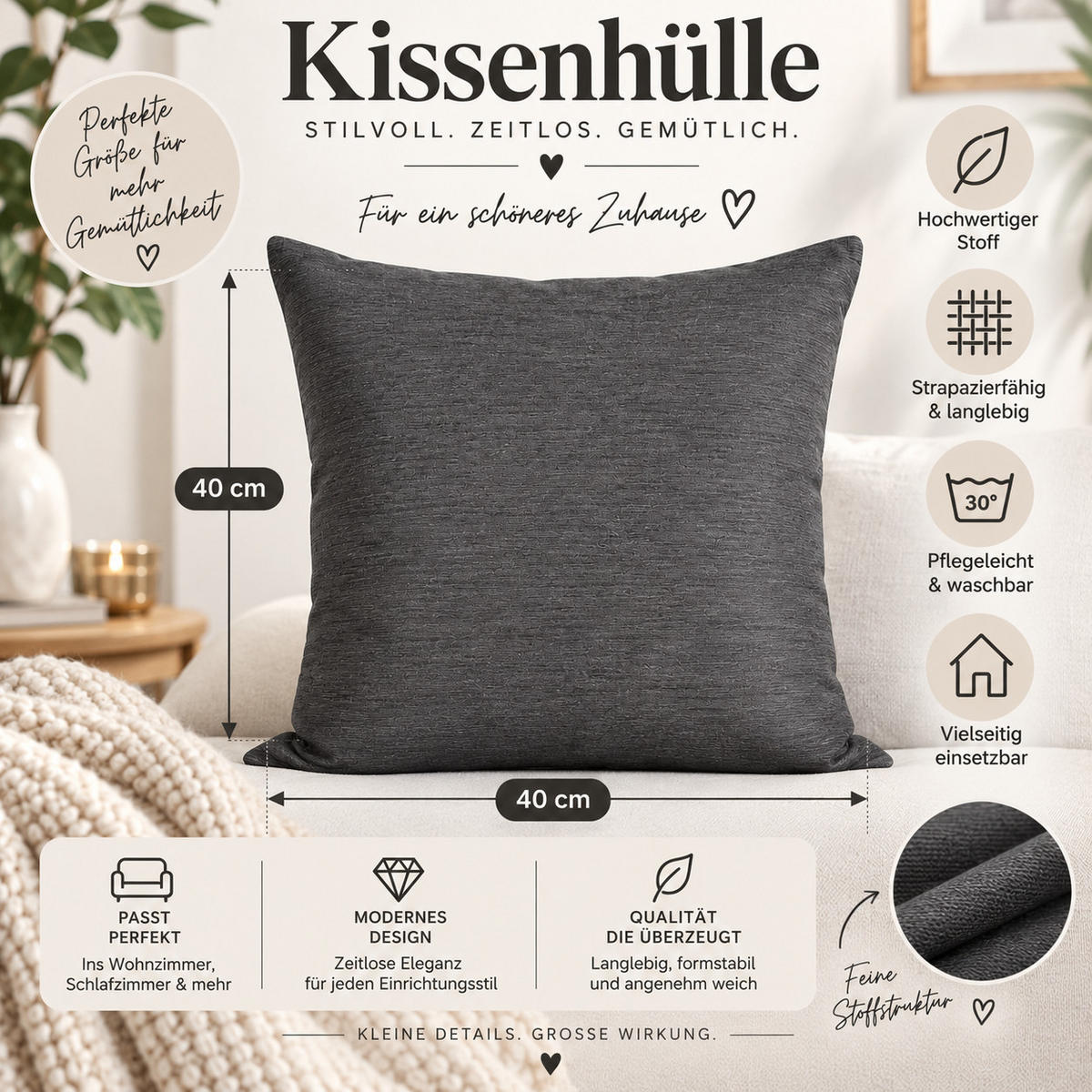 KISSENBEZUG Canada 50/50 cm meliert Anthrazit - Anthrazit, Textil (50/50cm) - TiborTex