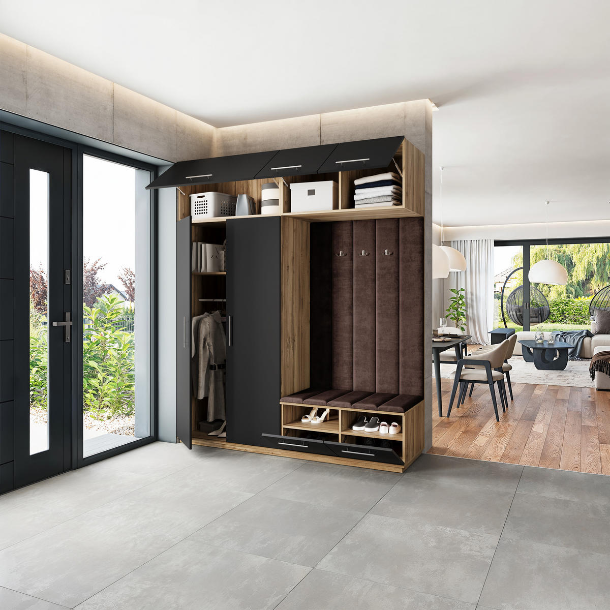 GARDEROBENSCHRANK REMA 200/240/60 cm Modern Garderobe-Set Eiche Wotan - Eiche Wotan/Schwarz, Holzwerkstoff (200/240/60cm) - MASSENO