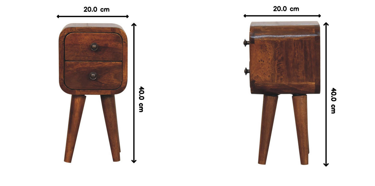 NACHTTISCH Extra Mini abgerundeten Kanten, 2 Schubladen, nordischen Beinen, braun - Messingfarben/Braun, Mangoholz/Holz (20/40/20cm) - Artisan Furniture