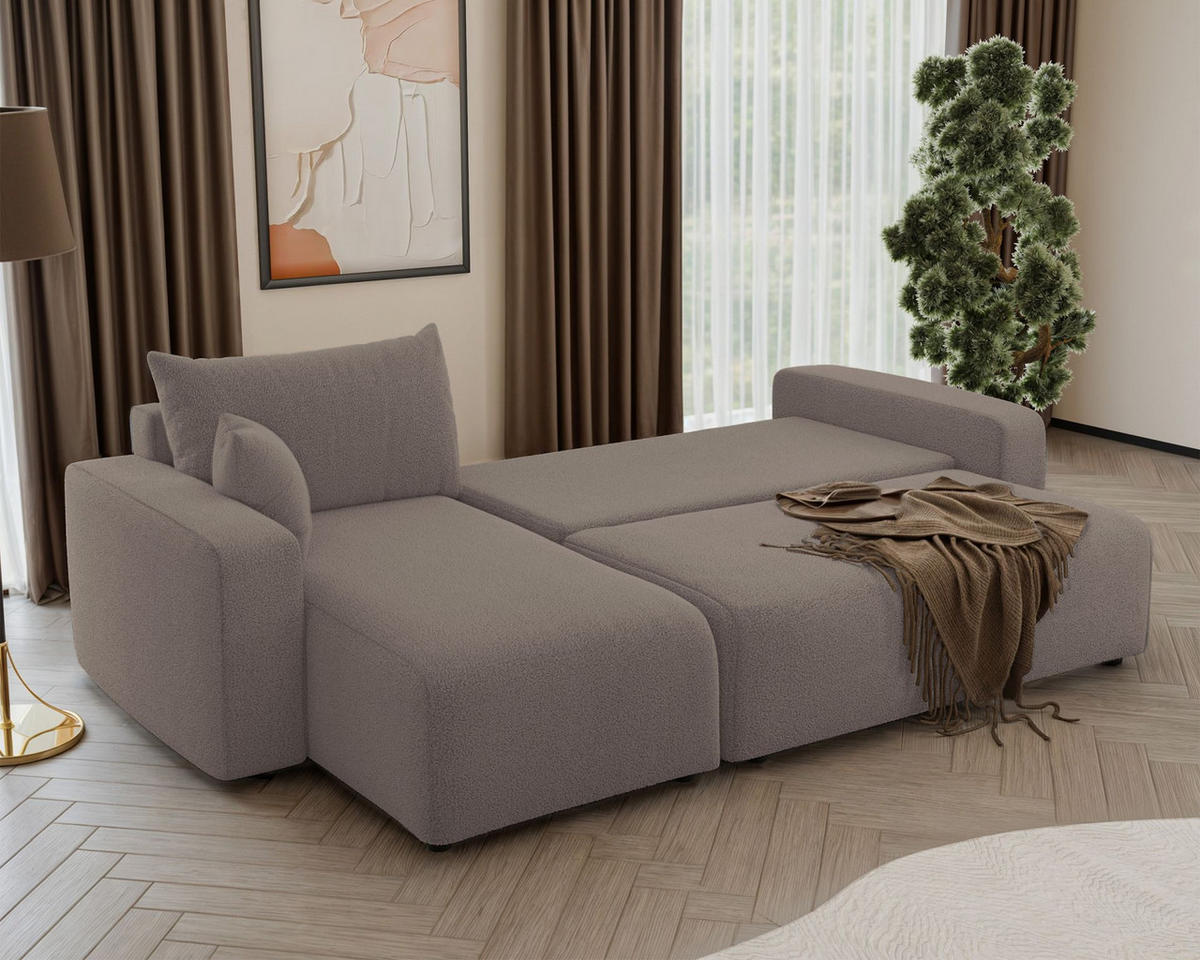 ECKSOFA Pianoni Hellbraun Bouclé-Bezug - Hellbraun/Schwarz, Kunststoff/Textil (244/140cm) - Selsey