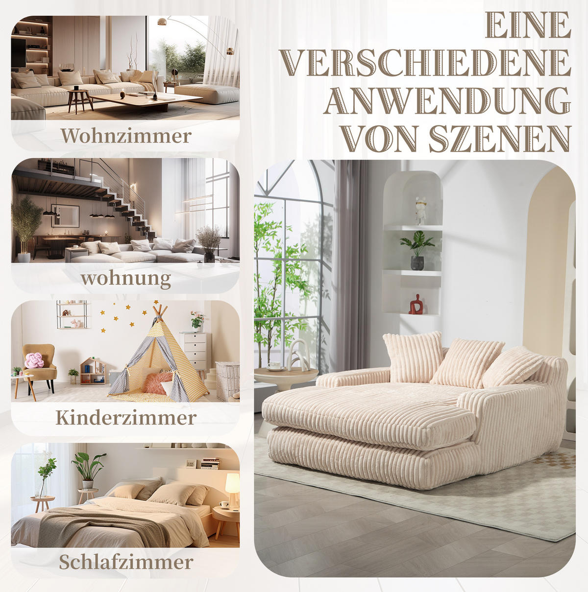 BIGSOFA 125/155/63 cm in Beige mit Chaiselongue aus Cord - Beige, Textil (63/125/155cm) - BEAOK