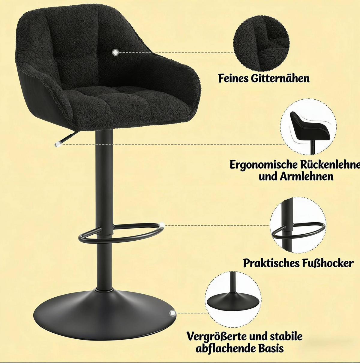BARHOCKER 2er-Set höhenverstellbar 52 x 50 cm Chenille/Corduroy Schwarz - Schwarz, Metall (52/109/50cm) - Meubliv
