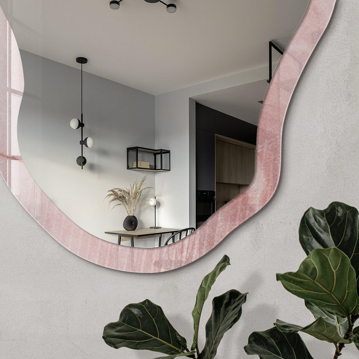 SPIEGEL 90x45 cm asymmetrisch mit Druck - Rosa Webmuster - Transparent, Glas (45/90/0.4cm) - TULUP