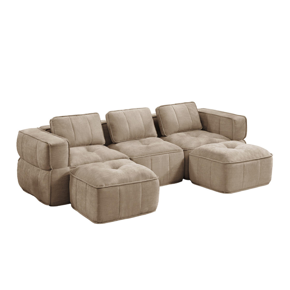 CANAPEA 3 LOCURI cu 2 taburete, minimalist, Poliester-nisipiu - nisipiu, material textil (162/67/271cm) - KOMHTOM