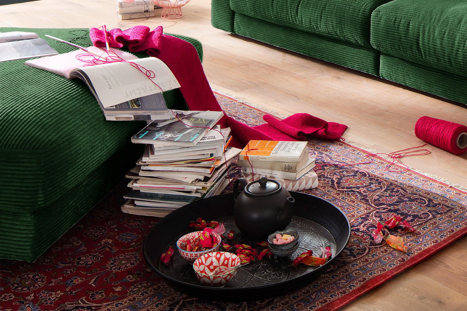 Thumbnail - Kawola Big, Dunkelgrün, Textil, Rechteckig, 120x43x120 cm, Wohnzimmer, Hocker, Sitzhocker