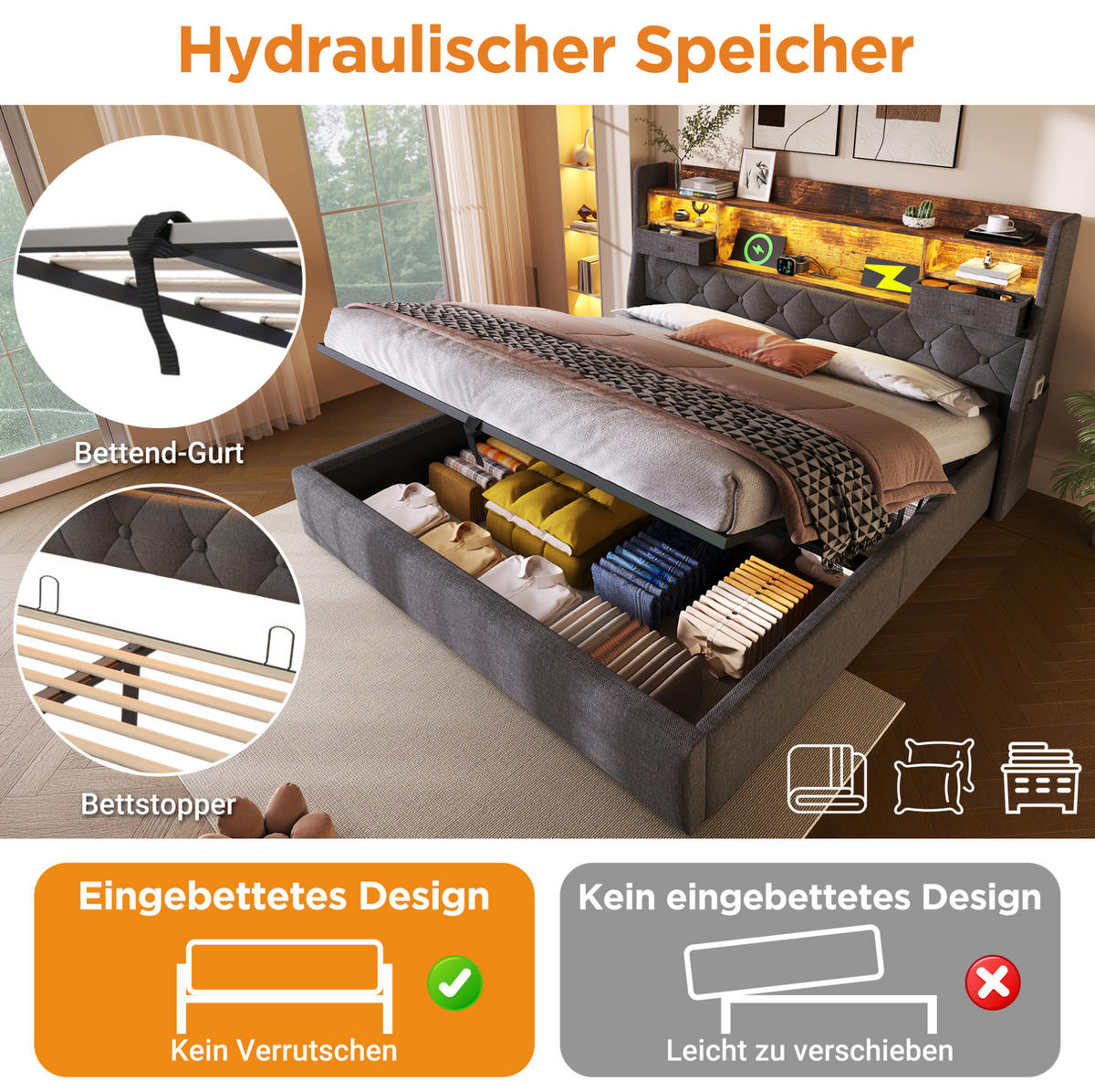 POLSTERBETT 140/200 cm mit LED-Beleuchtung, Ladestation und hydraulischem Stauraum und Matratze, Grau - Grau, Textil (140/200cm) - Redom