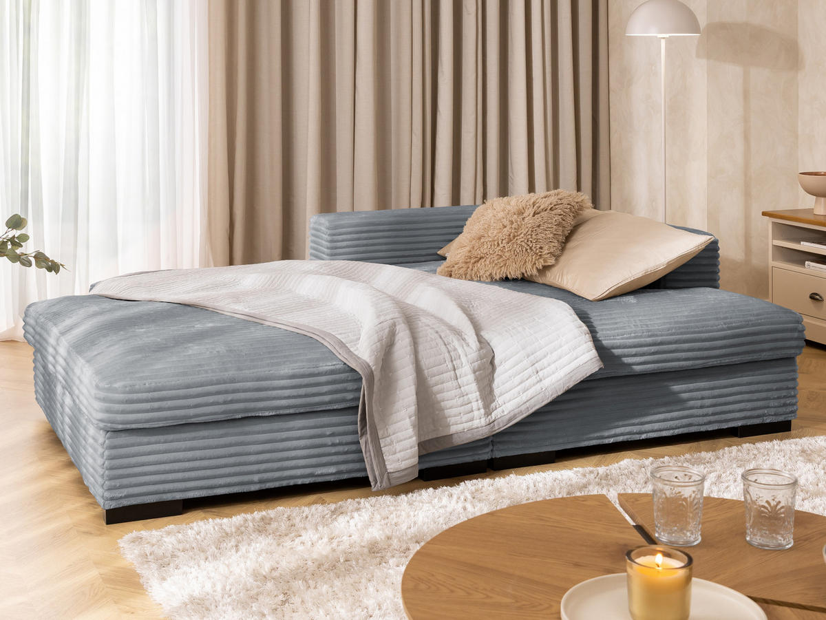 ECKSOFA Wolke mit tiefer Sitzfläche, Schlaffunktion und praktischem Bettkasten aus weichem Grau Cordstoff - Schwarz/Grau, Holz/Kunststoff (225/162cm) - S-Style