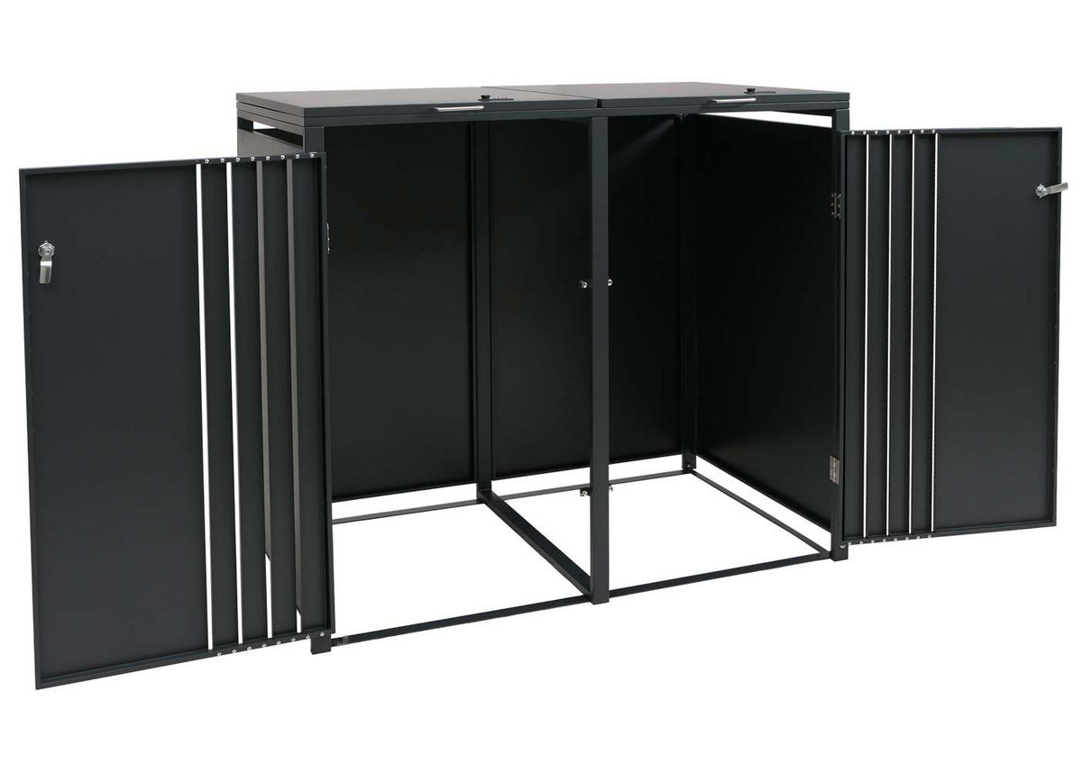 MÜLLTONNENBOX 2er mit Deckel HxBxT 122x132x84cm Anthrazit Holzoptik hell - Anthrazit, Metall (132/122/84cm) - PROREGAL