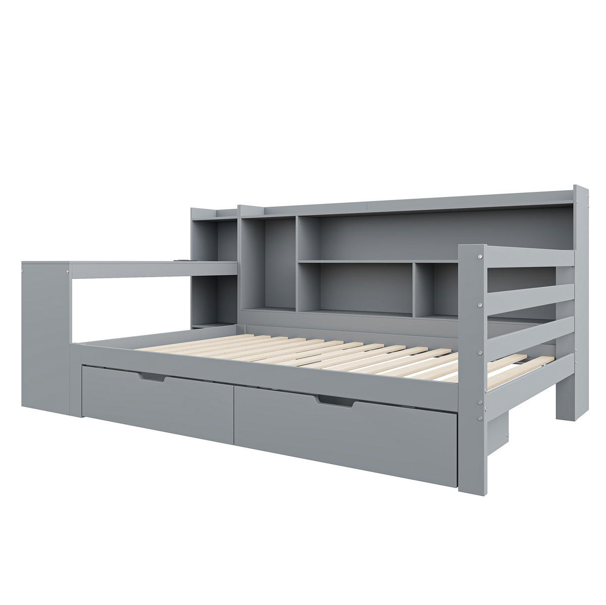 BETT 90/200 cm aus Holz in Grau mit Schreibtisch, Regalen und Steckdose - Grau, Holz (90/200cm) - Flora Grace
