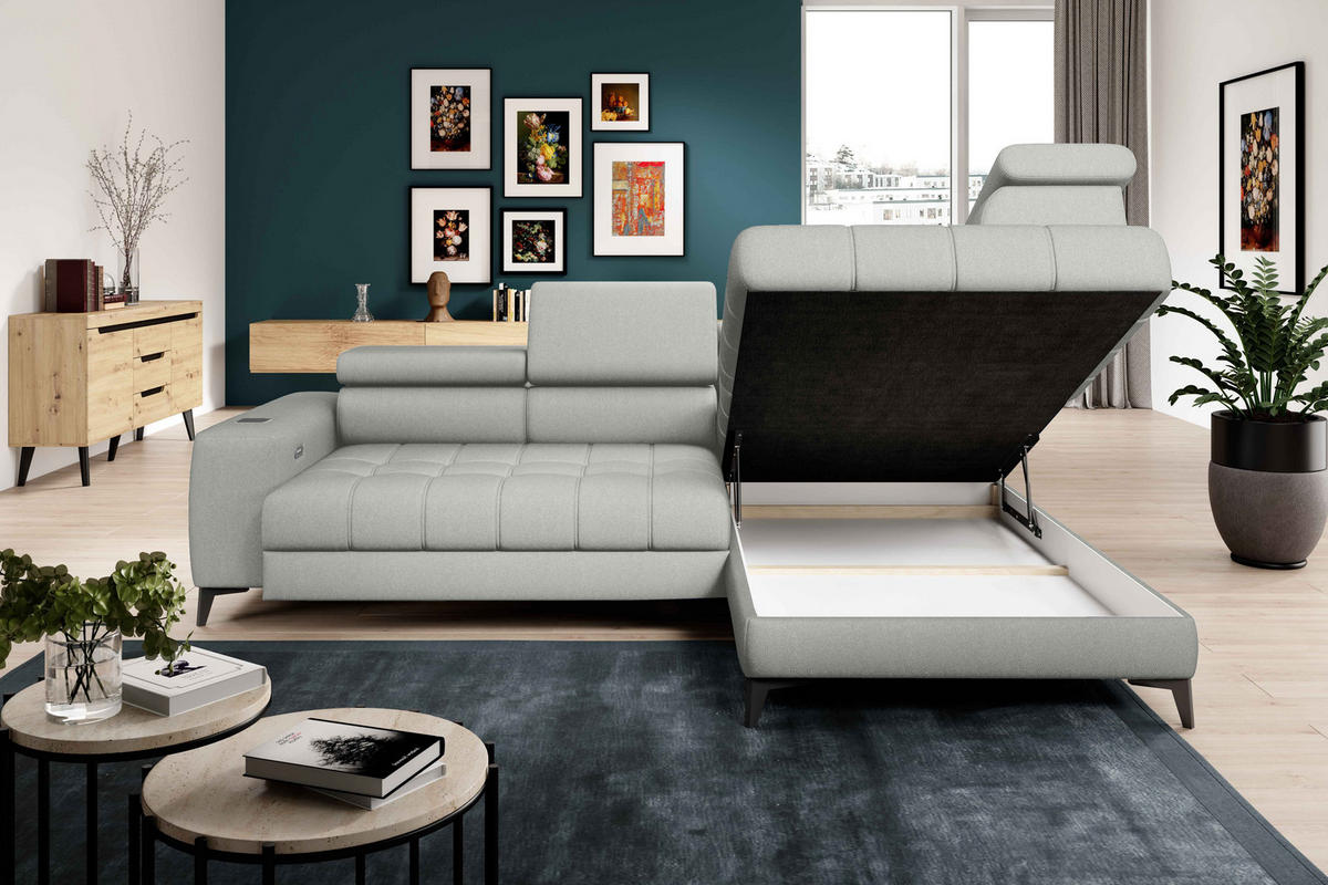 ECKSOFA BAGGIO Letto Stoff, Schlaffunktion, Bettkasten, Sitztiefe, Kopfstützen 280x196cm – Rechts – Esche - Silberfarben, Holz/Textil (280/196cm) - DomoHome