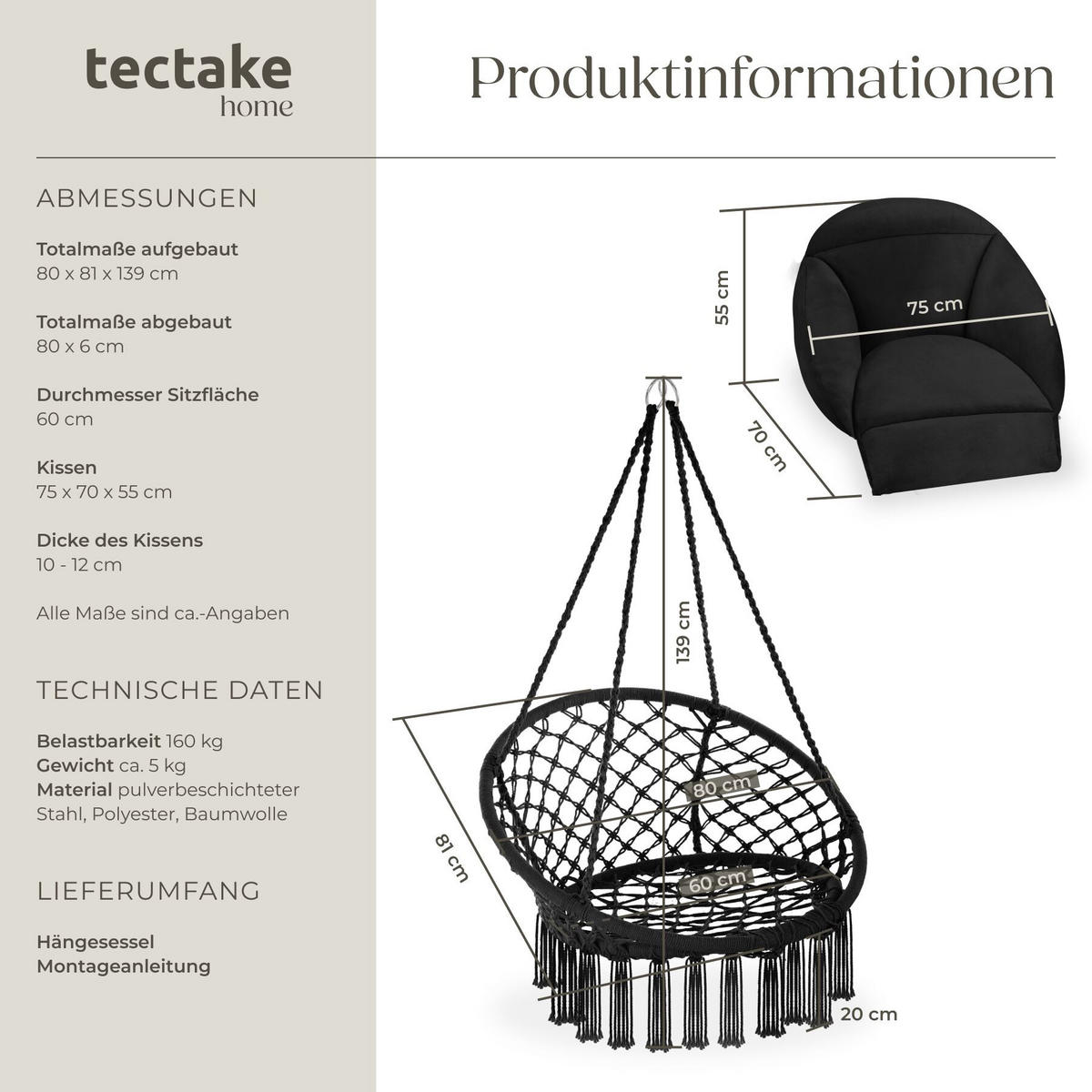 HÄNGESESSEL Samira, 80 x 81 x 139 cm, schwarz - Schwarz, Kunststoff (80/139/81cm) - tectake