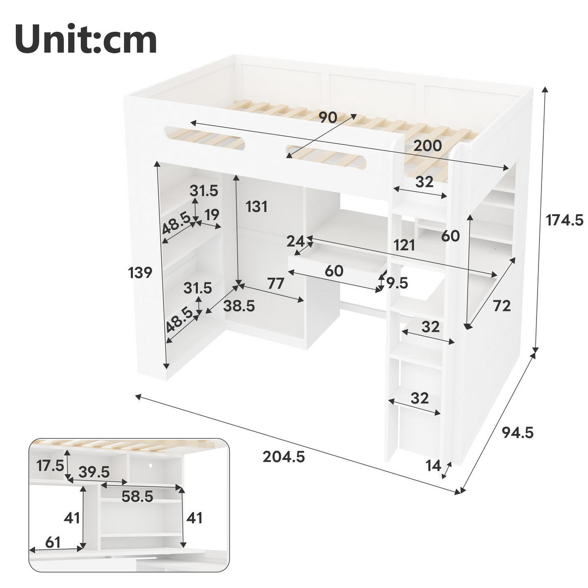 HOCHBETT 90/200 cm in Weiß mit Schublade, Regalböden, Kleiderschrank, Schreibtisch, LED und USB aus Kiefernholz und MDF - Weiß, Holzwerkstoff (90/200cm) - STILVORA