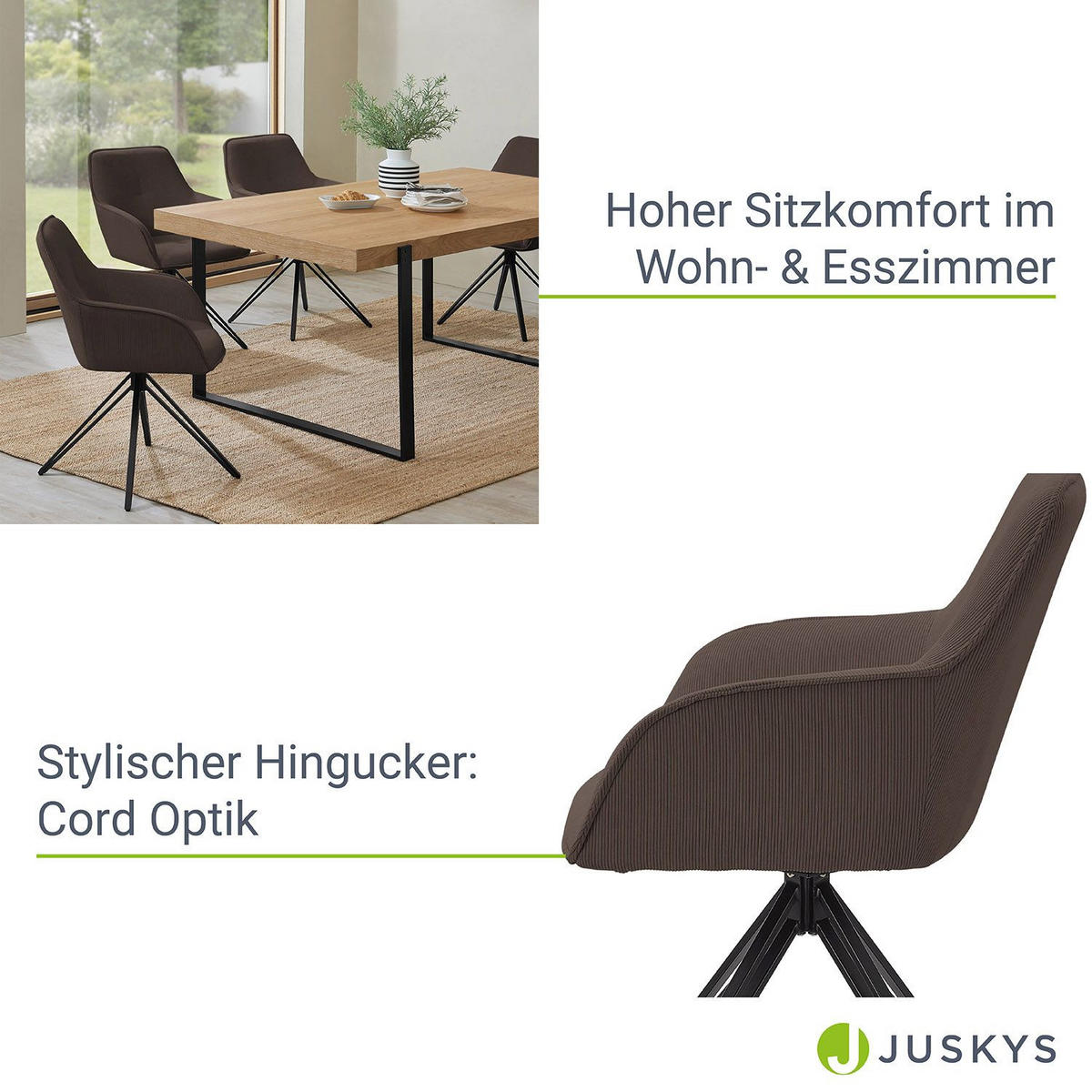 DREHSTUHL Clyde mit Armlehne cord braun (2er-Set) - Braun, Textil (57/85/61cm) - Juskys
