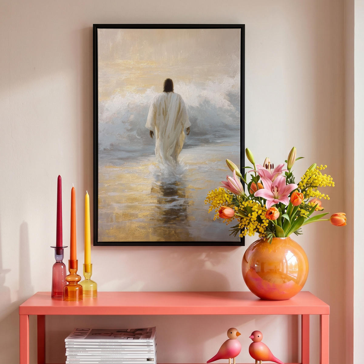 LEINWAND Bilder mit Rahmen - Gemälde - Welle - Jesus - Abstrakt - 40x60 - Goldfarben, Textil (40/60cm) - MuchoWow