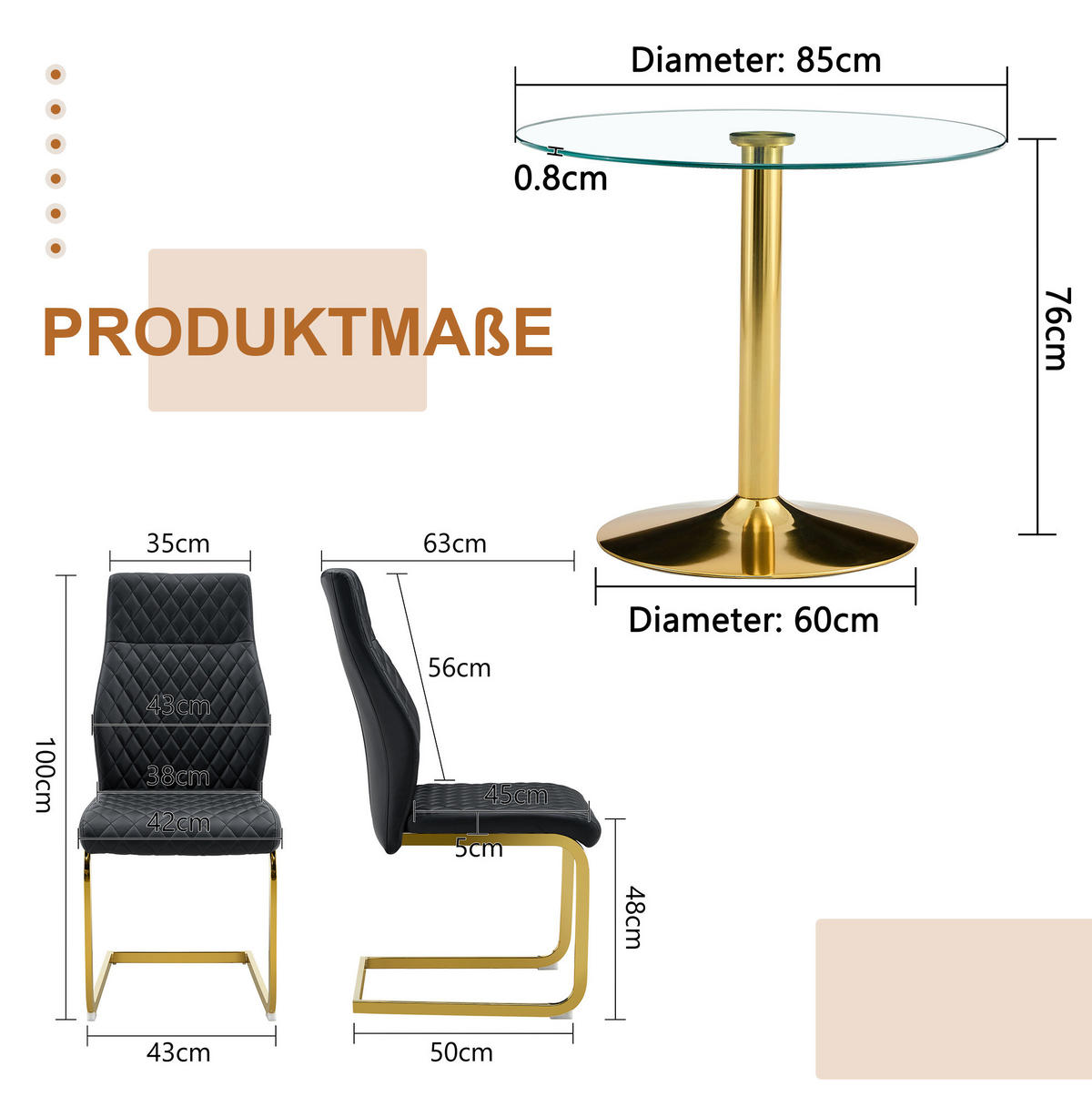 ESSZIMMER-SET mit Glastisch 5-tlg. 85 cm Schwarz/Gold - Schwarz, Metall (85/76/85cm) - Meubliv